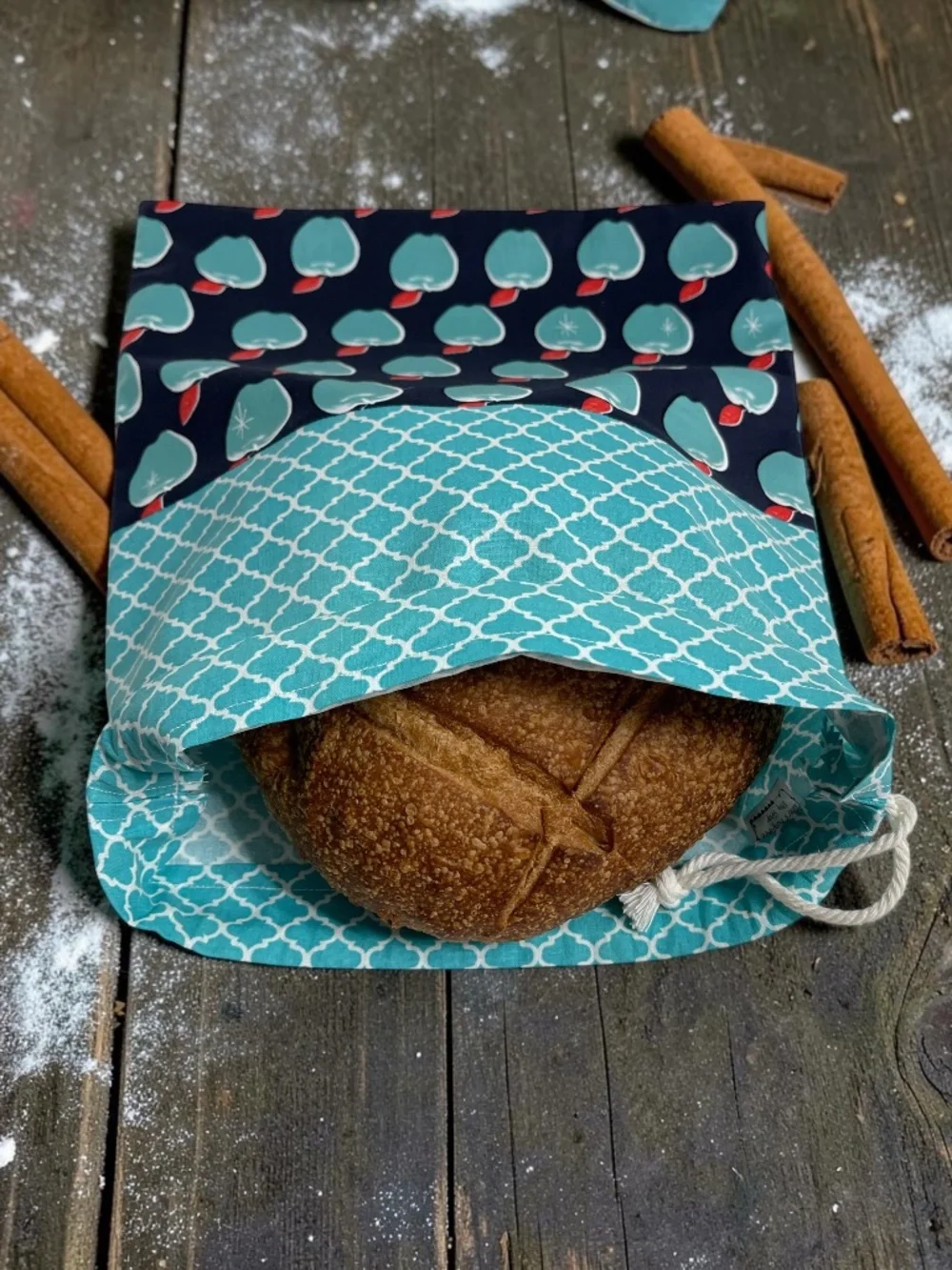 Teal Apple Print Bread Bag, Reusable Cotton Bread Bag, Sourdough Storage Bag